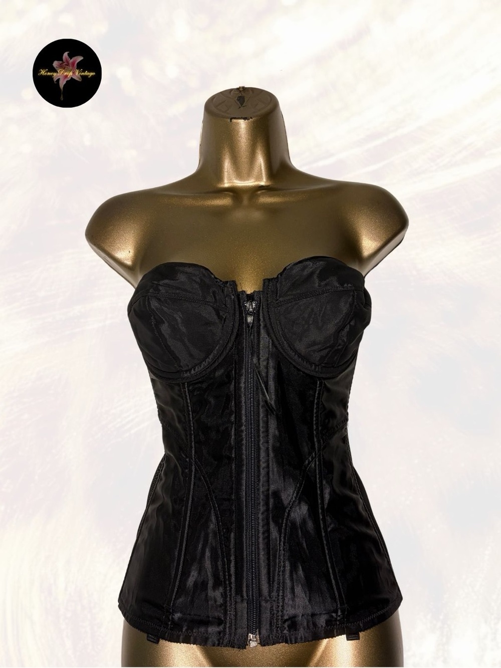 Vintage Black Satin Bustier Corset Top | Strapless Boned Lingerie Bustier